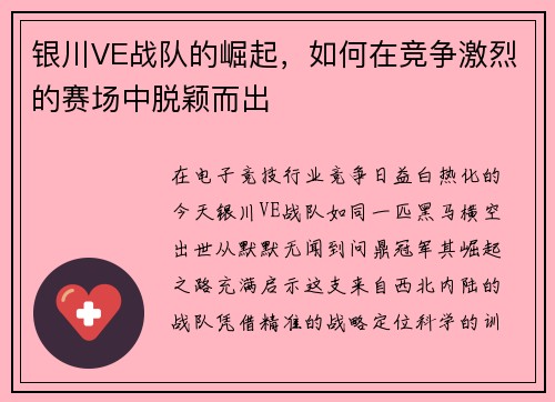 银川VE战队的崛起，如何在竞争激烈的赛场中脱颖而出